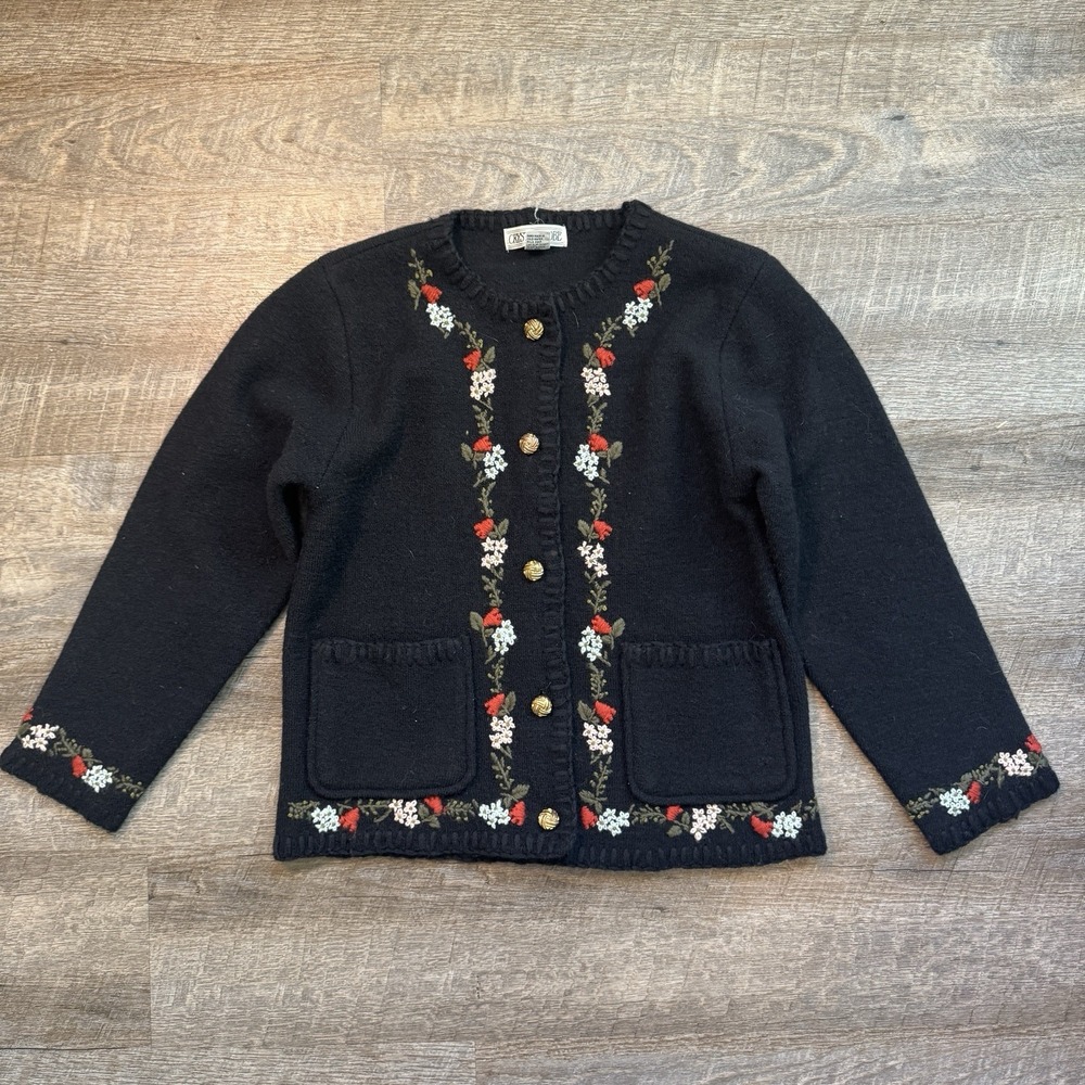 Vintage Grandma Sweater Cardigan Wool Size Petite Small Black